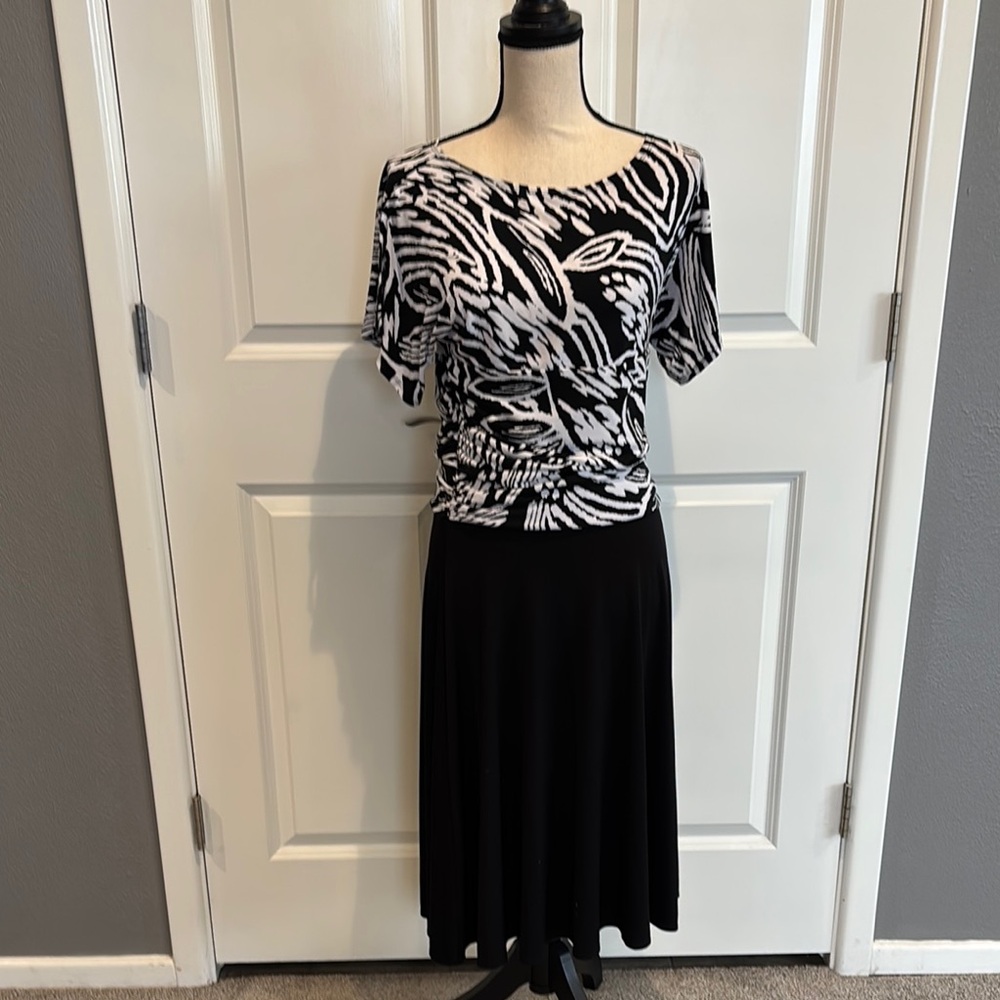 Black and White Patterned Top with Black Skirt